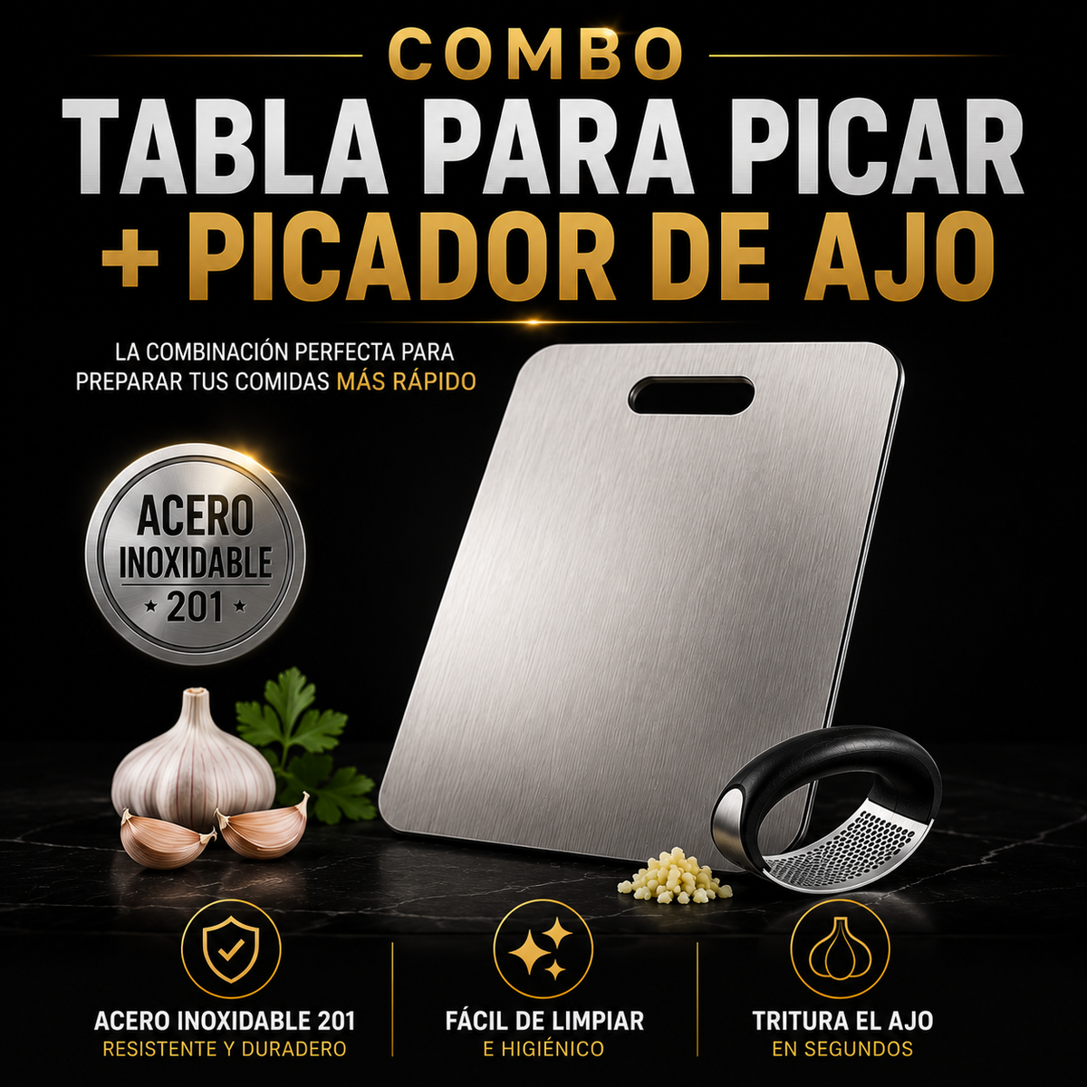 Tablas en Acero Inoxidable + Picador Ajo
