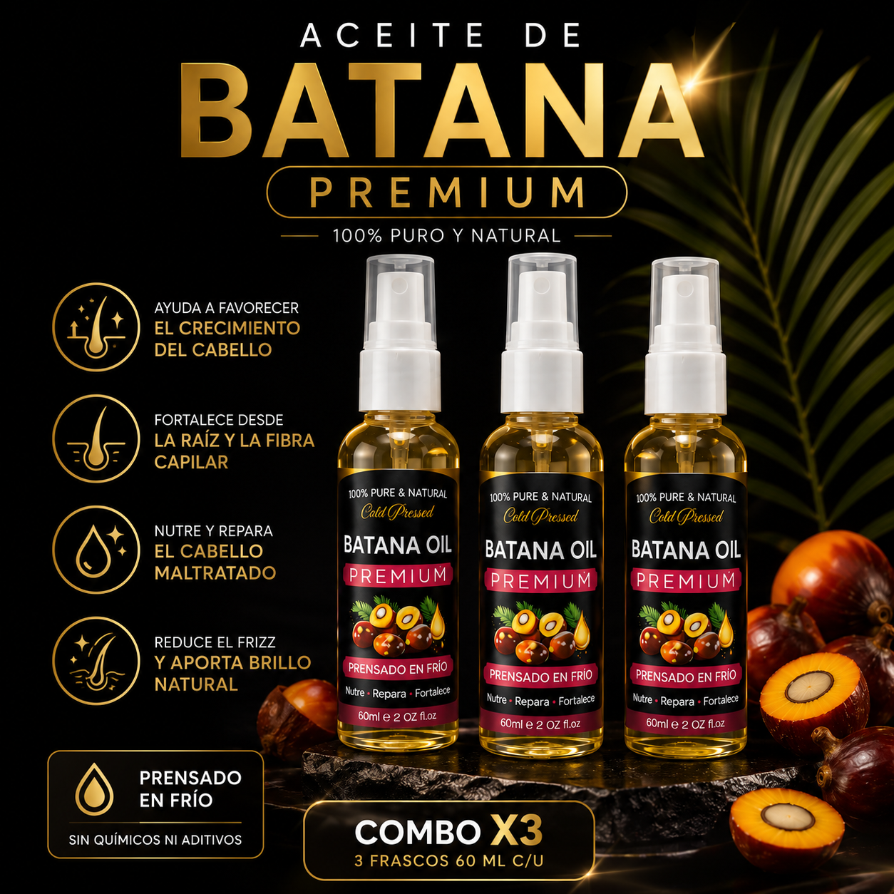 ✨Cabello Más Fuerte y Largo | x3 Aceite de batana 60 ml 🌿